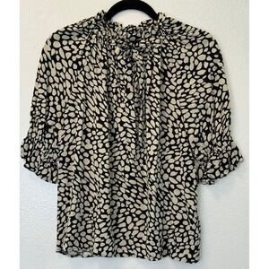 Who‎ What Wear Size XS Black & Ivory Short Sleeve Ruffle Tie Neck Career Blouse